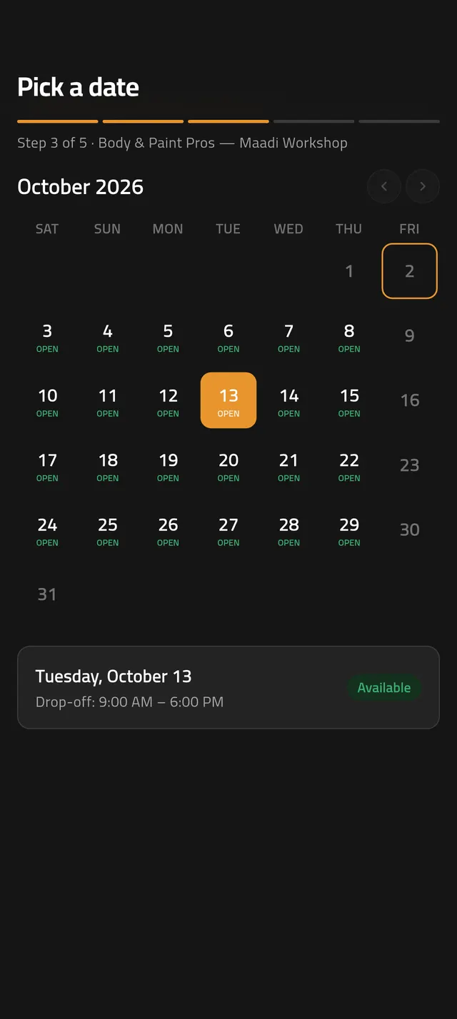 Garagy app booking calendar