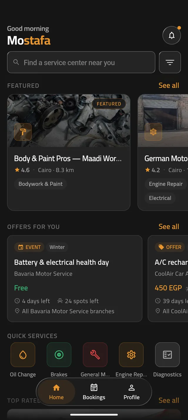Garagy app home screen listing nearby service centers