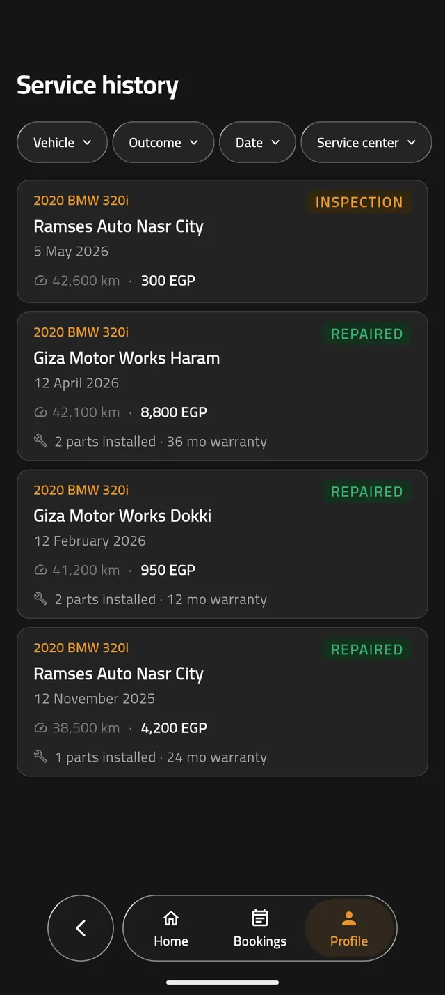 Garagy app service history